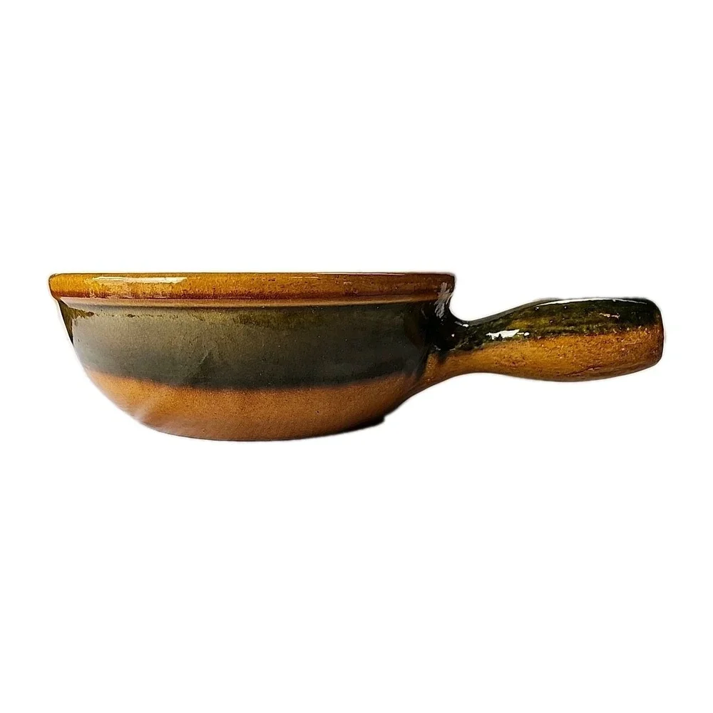 VTG Landert 20 MCM 70s‎ Swiss Stoneware Fondue Pot Brown w/Moss Green Stripe EUC